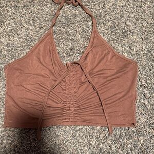 SHEIN Brown Ruched Halter Crop Top